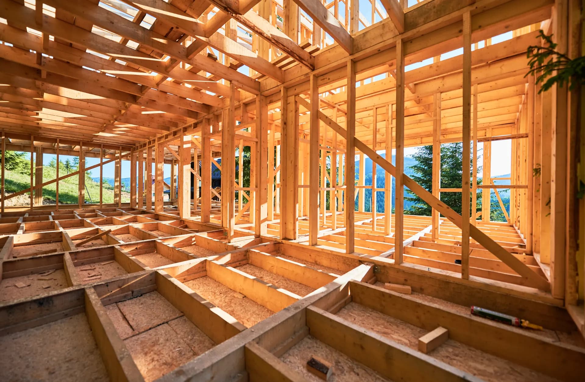 Custom home framing near forest